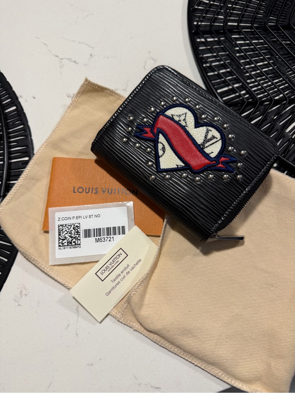 Louis Vuitton Black Epi Leather Heart Zip Coin Purse with Red Banner
